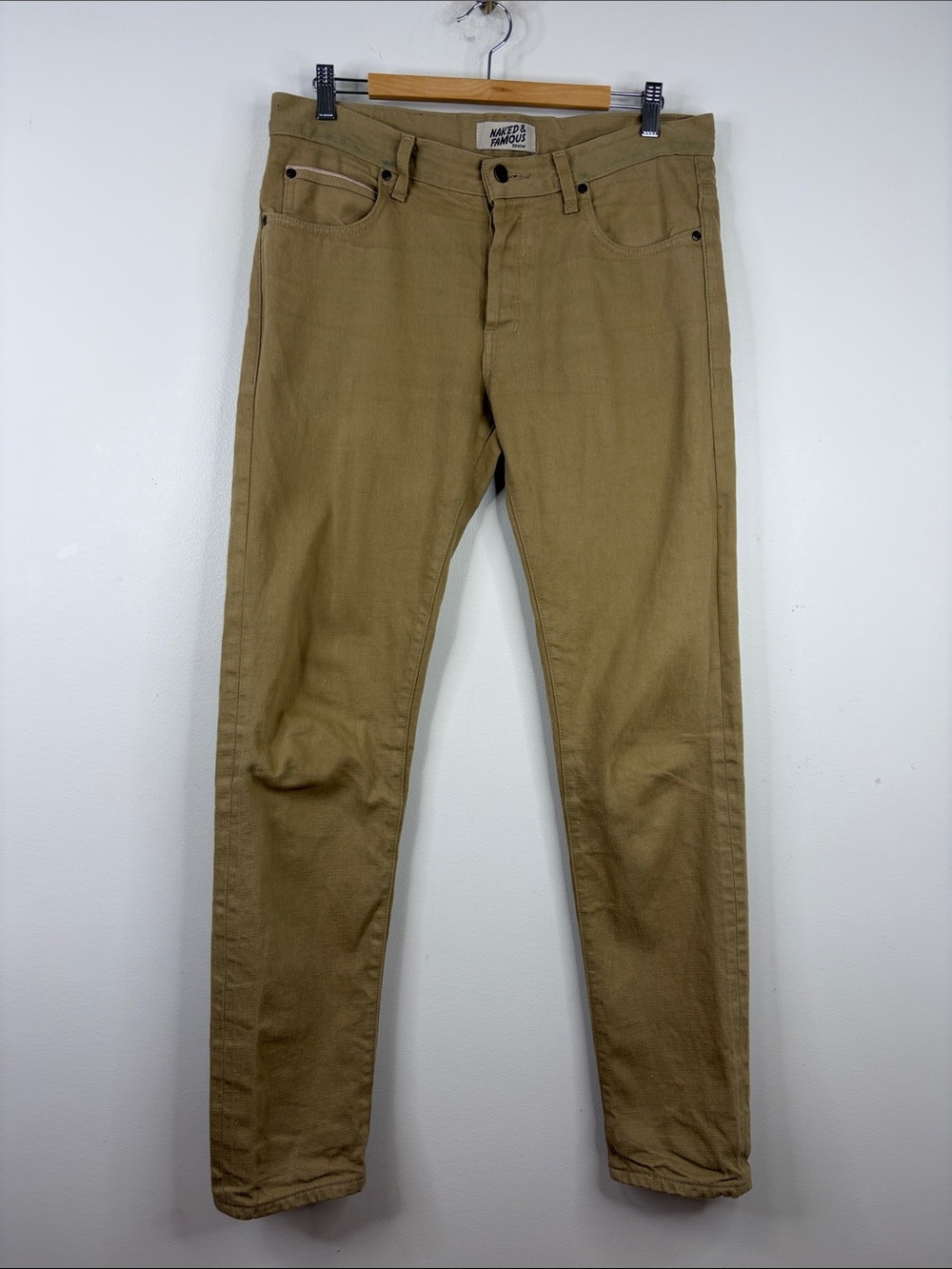 Naked & Famous Super Guy Jeans Mens 33 x 32 Beige Camel Slub Selvedge Unique